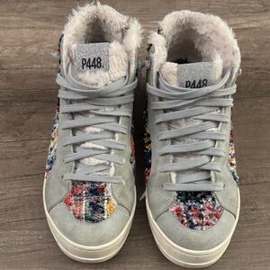 P448 Women's Light Gray Tweed-Accent High-Top Sneakers